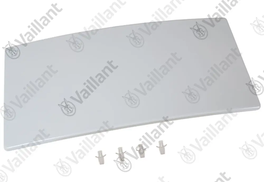 Vaillant Abdeckblech in heller Farbe, flache rechteckige Form, mit vier Befestigungselementen im Vordergrund angeordnet.